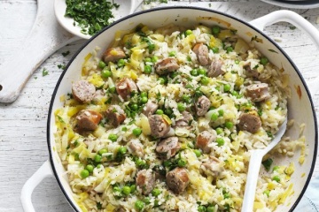 Pork Sausage and Pea Oven Baked Risotto